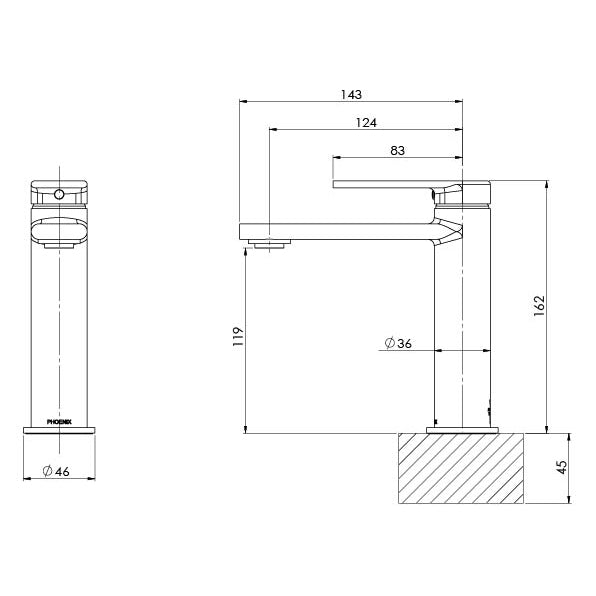 Phoenix Teel Basin Mixer Matte Black, technical line drawing with dimensions