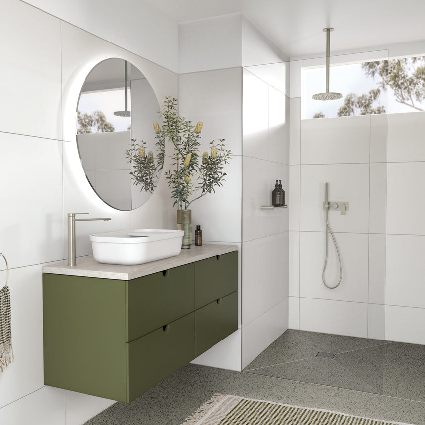 Phoenix Teel Wall Shower System Brushed Nickel, shown in a finished interior