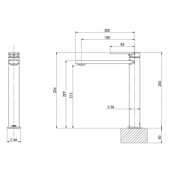 Phoenix Teel Vessel Mixer Matte Black, technical line drawing with dimensions