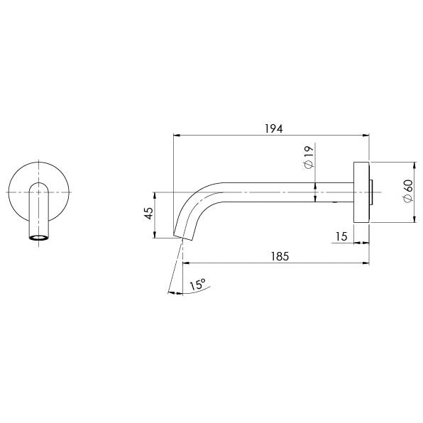 Phoenix Vivid Slimline Plus Wall Basin / Bath Outlet 180mm Brushed Nickel, technical line drawing with dimensions