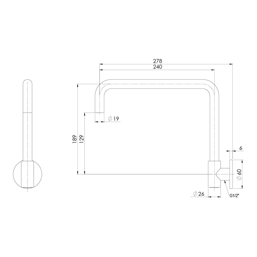 Phoenix Vivid Slimline Plus Wall Sink Outlet 240mm Squareline Chrome, technical line drawing with dimensions