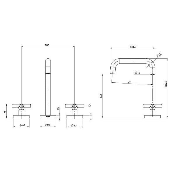 Phoenix Vivid Slimline Plus Basin Set Chrome, technical line drawing with dimensions