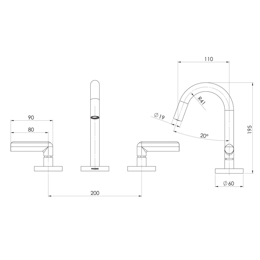 Phoenix Vivid Slimline Plus Lever Basin Set Brushed Carbon, technical line drawing with dimensions