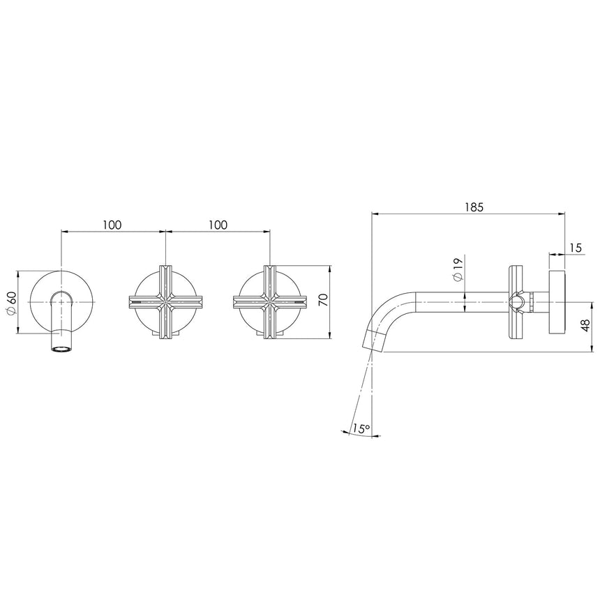 Phoenix Vivid Slimline Plus Wall Basin / Bath Hostess Set 180mm Outlet Matte Black, technical line drawing with dimensions