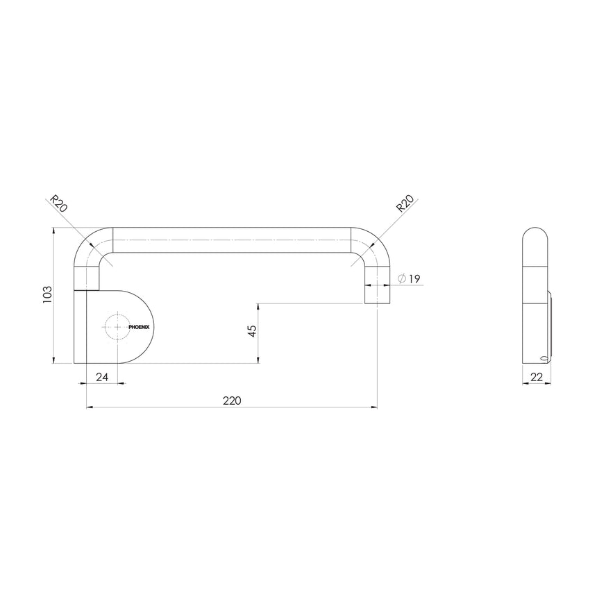 Phoenix Designer Swivel Bath Outlet 230mm Round Brushed Nickel, technical line drawing with dimensions