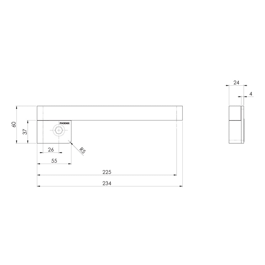 Phoenix Designer Swivel Bath Outlet 230mm Square Brushed Carbon, technical line drawing with dimensions