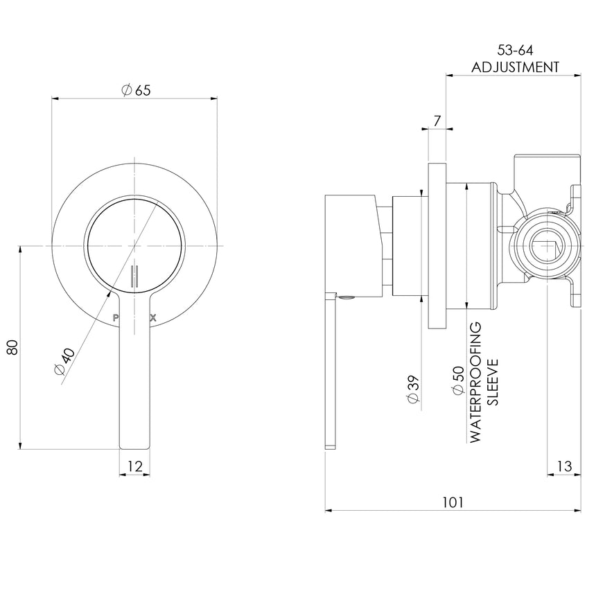 Phoenix Lexi MKII SwitchMix Shower / Wall Mixer Brushed Nickel, technical line drawing with dimensions