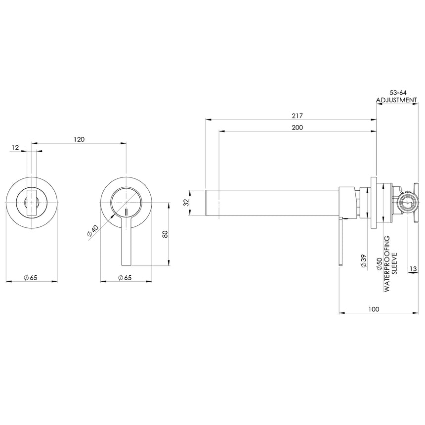 Phoenix Lexi MKII SwitchMix Wall Basin Mixer Set 200mm Fit-Off Kit Chrome, technical line drawing with dimensions