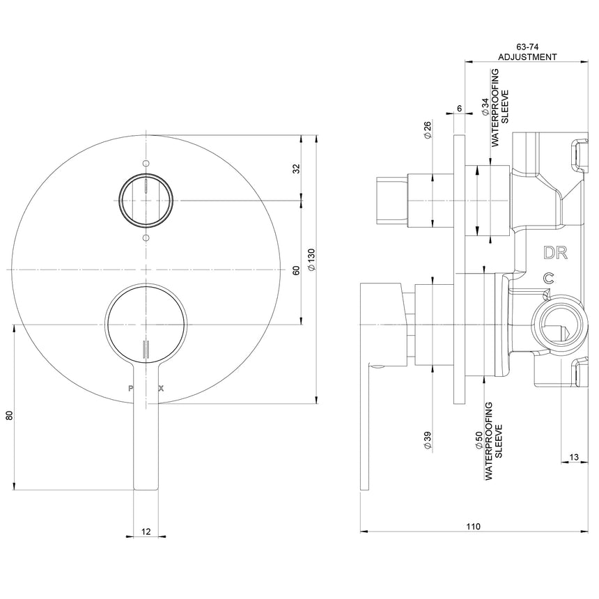 Phoenix Lexi MKII SwitchMix Shower / Bath Diverter Mixer Fit-Off Kit Matte Black, technical line drawing with dimensions