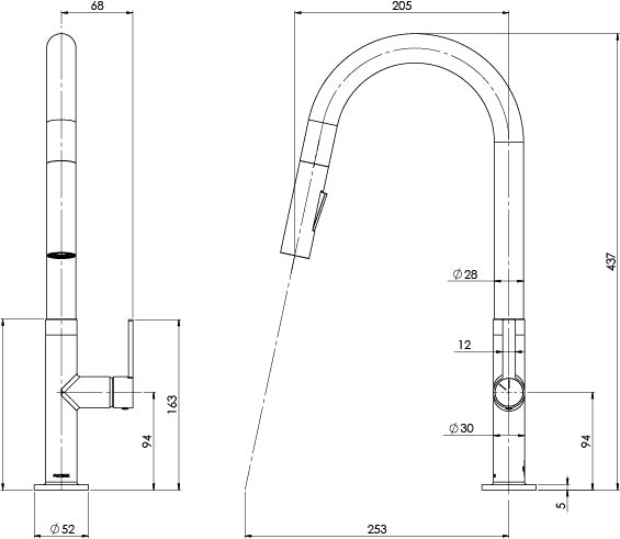 Phoenix Lexi MKII Pull Out Sink Mixer 200mm Chrome, technical line drawing with dimensions