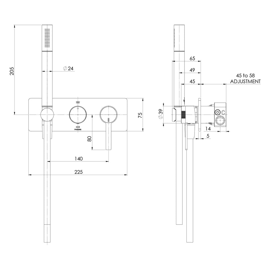 Phoenix Lexi MKII Wall Shower System Chrome, technical line drawing with dimensions