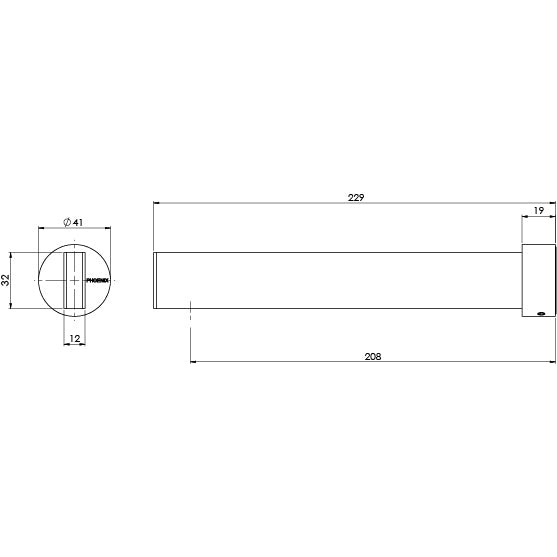 Phoenix Lexi MKII Bath Outlet 200mm Chrome, technical line drawing with dimensions