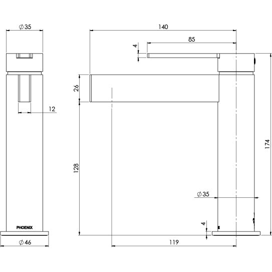 Phoenix Lexi MKII Basin Mixer Matte Black, technical line drawing with dimensions