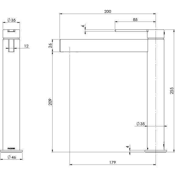 Phoenix Lexi MKII Vessel Mixer Chrome, technical line drawing with dimensions