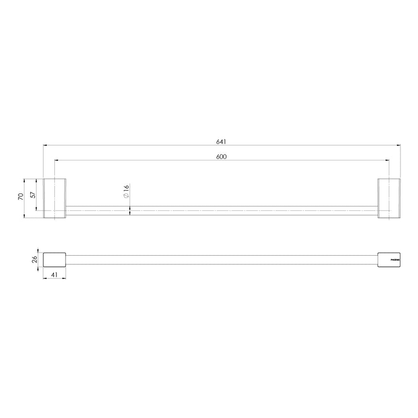 Phoenix Lexi MKII Single Towel Rail 600mm Chrome, technical line drawing with dimensions