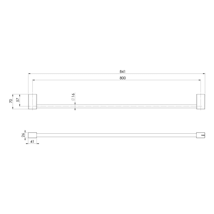Phoenix Lexi MKII Single Towel Rail 800mm Matte Black, technical line drawing with dimensions
