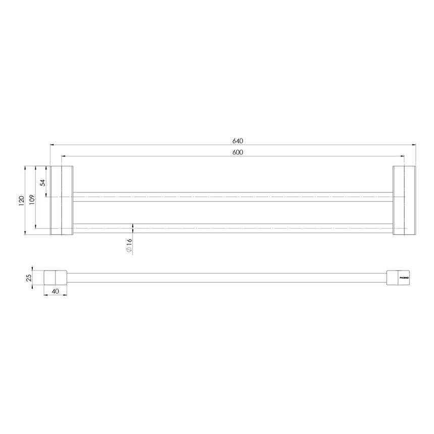 Phoenix Lexi MKII Double Towel Rail 600mm Matte Black, technical line drawing with dimensions