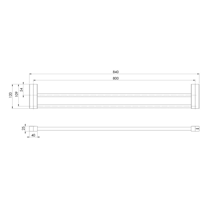 Phoenix Lexi MKII Double Towel Rail 800mm Matte Black, technical line drawing with dimensions