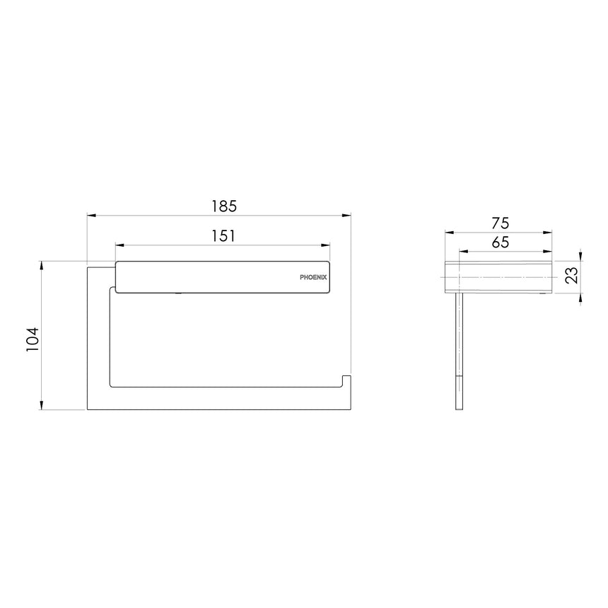 Phoenix Lexi MKII Toilet Roll Holder Matte Black, technical line drawing with dimensions