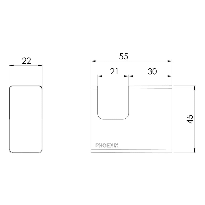 Phoenix Lexi MKII Robe Hook Matte Black, technical line drawing with dimensions