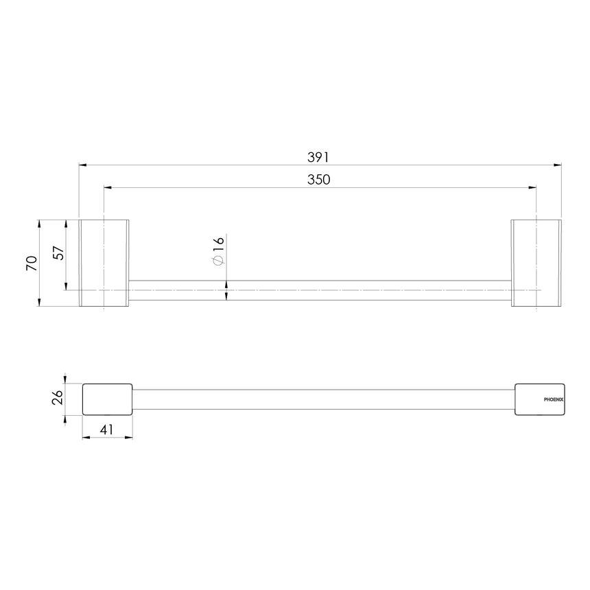 Phoenix Lexi MKII Hand Towel Holder Matte Black, technical line drawing with dimensions