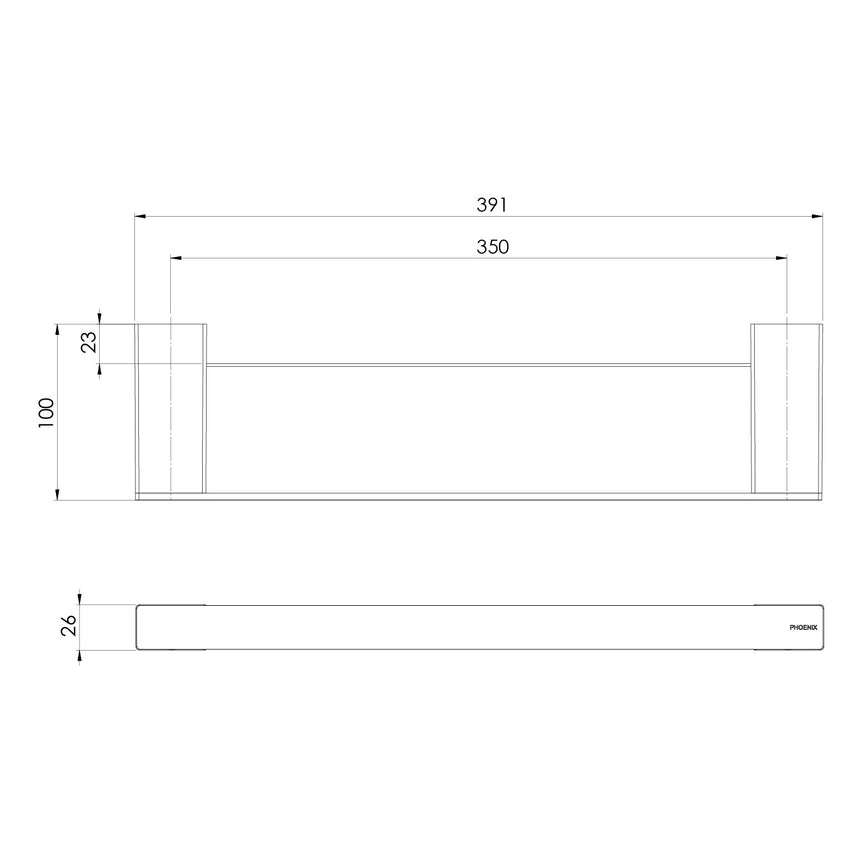 Phoenix Lexi MKII Shower Shelf Matte Black, technical line drawing with dimensions
