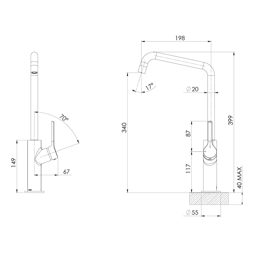 Phoenix Ester Sink Mixer 200mm Squareline Brushed Nickel, technical line drawing with dimensions