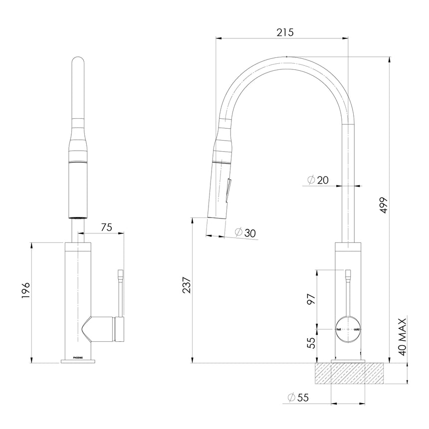 Phoenix Deja Pull Out Sink Mixer 220mm Chrome, technical line drawing with dimensions