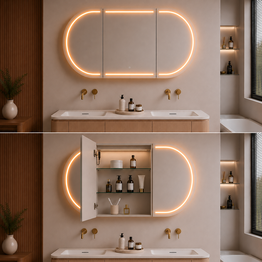 Lukka allison triple-door LED shaving cabinet installed in modern bathroom above dual vessel basins with oak vanity by Tilemall