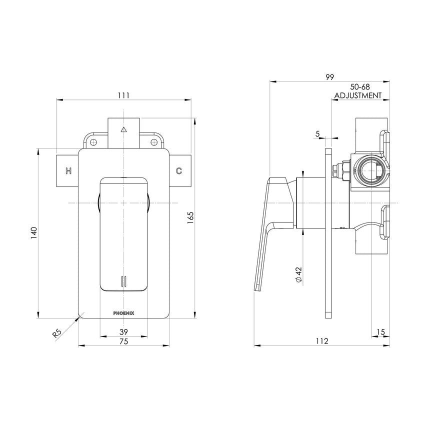 Phoenix Enviro316 Shower / Wall Mixer Stainless Steel, technical line drawing with dimensions