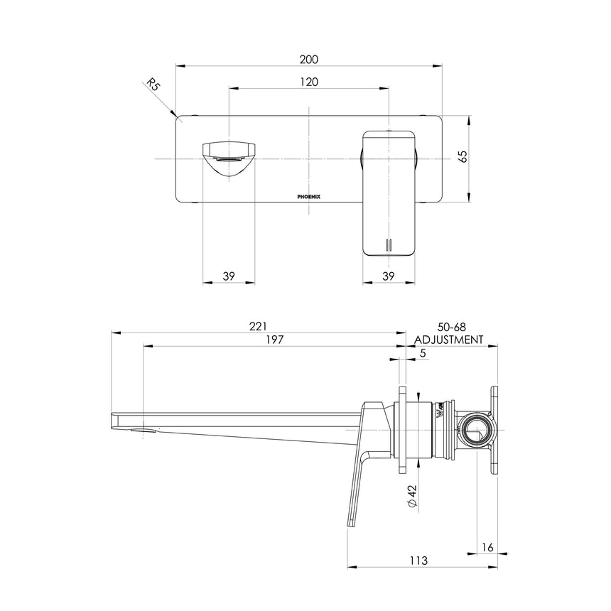 Phoenix Enviro316 Wall Basin / Bath Mixer Set 200mm Stainless Steel, technical line drawing with dimensions