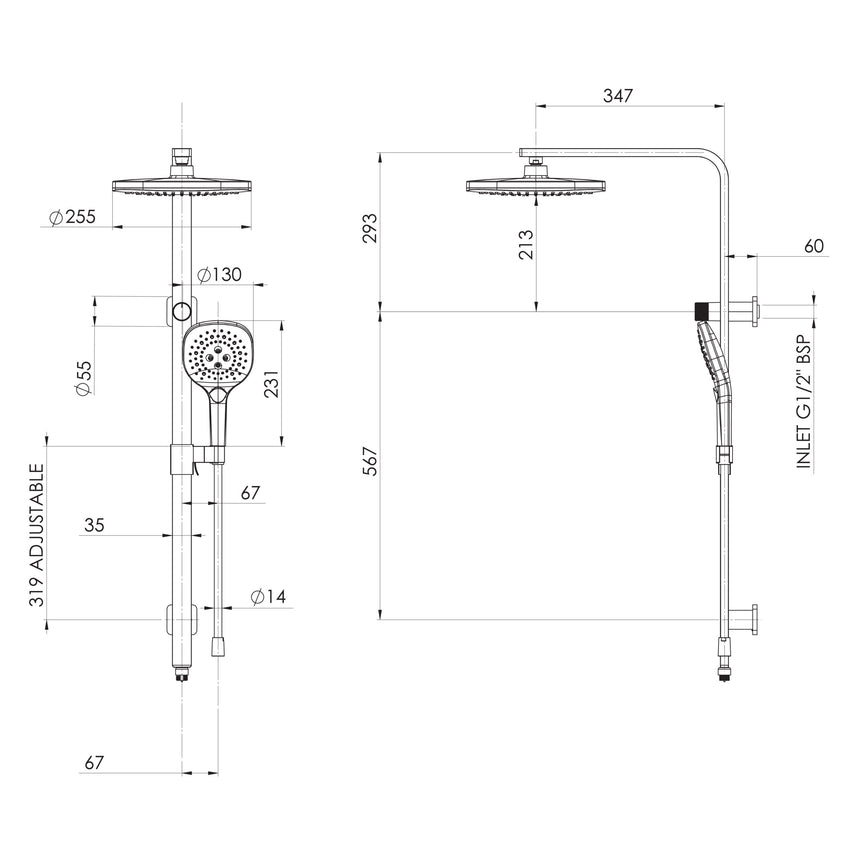 Phoenix Nuage Twin Shower Brushed Nickel, technical line drawing with dimensions
