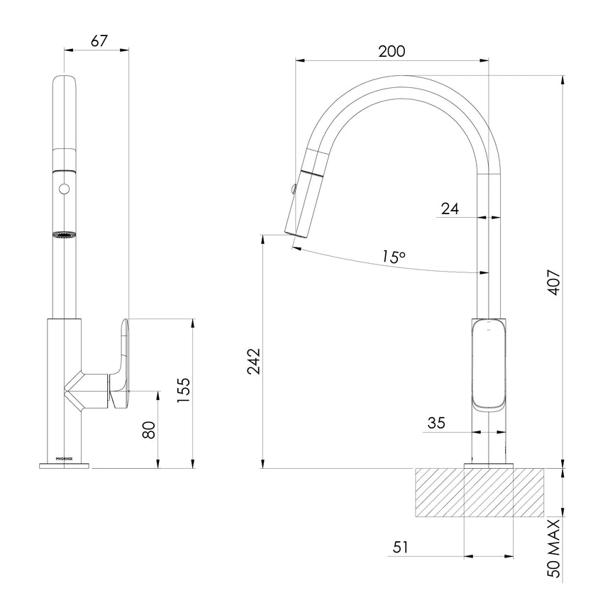 Phoenix Nuage Pull Out Sink Mixer 200mm Matte White, technical line drawing with dimensions