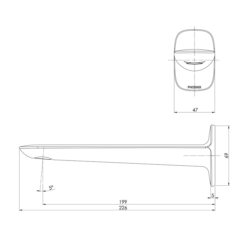 Phoenix Nuage Wall Basin / Bath Outlet 200mm Matte White, technical line drawing with dimensions