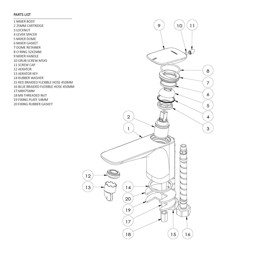 Phoenix Nuage Basin Mixer Brushed Nickel, technical line drawing with dimensions