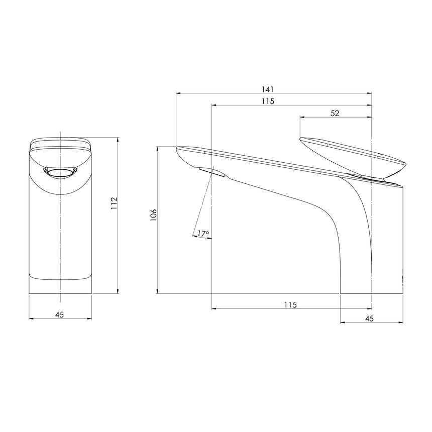 Phoenix Nuage Basin Mixer Brushed Carbon, technical line drawing with dimensions