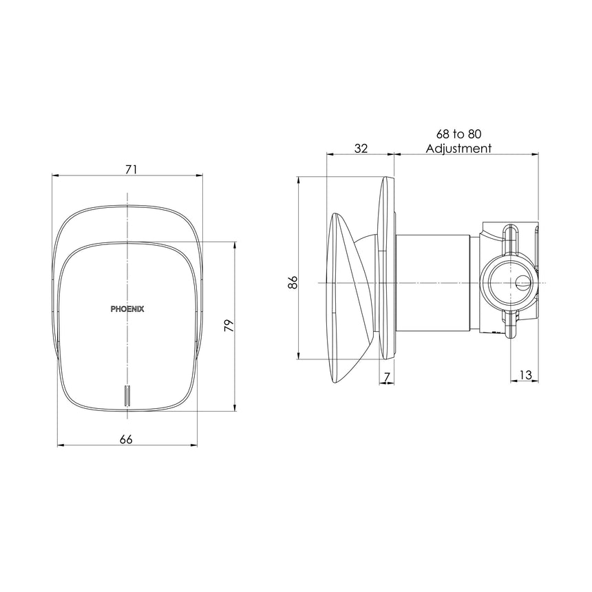 Phoenix Nuage Shower / Wall Mixer Brushed Nickel, technical line drawing with dimensions