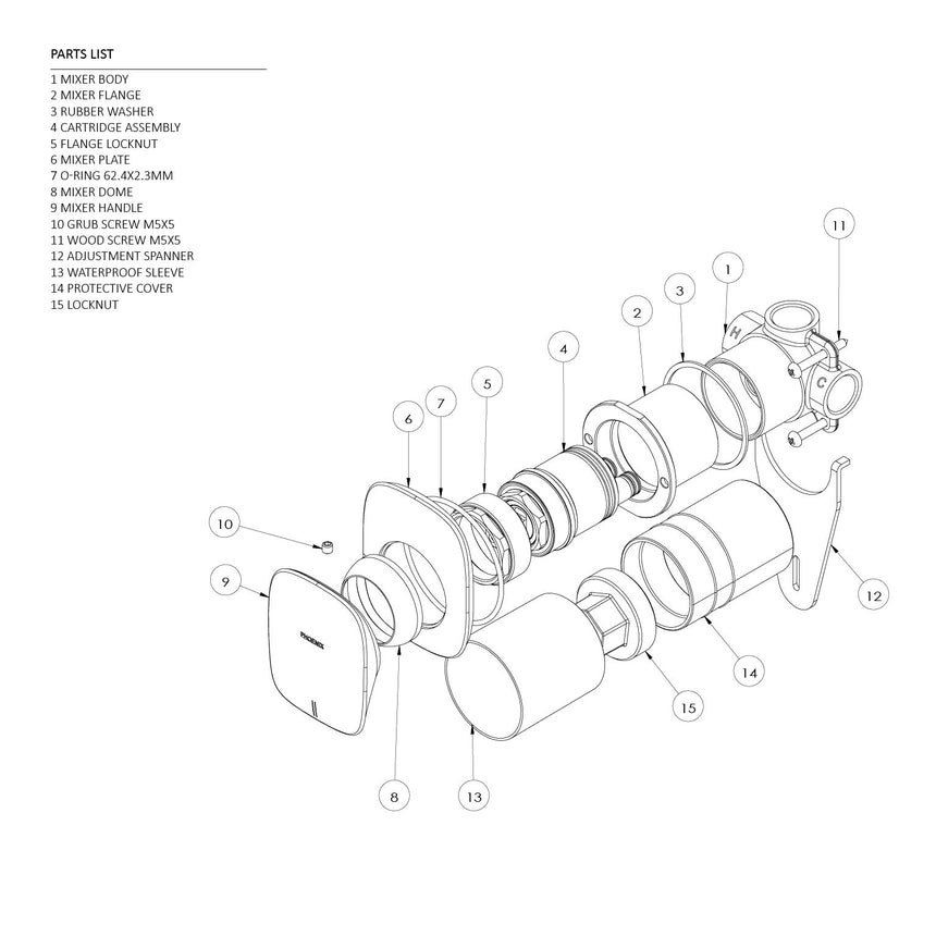 Phoenix Nuage Shower / Wall Mixer Chrome, technical line drawing with dimensions