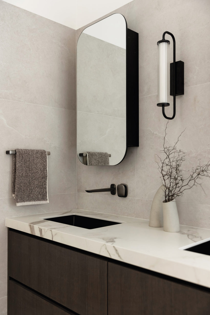 Phoenix Nuage Wall Basin / Bath Mixer Set 200mm Brushed Carbon, shown in a finished interior