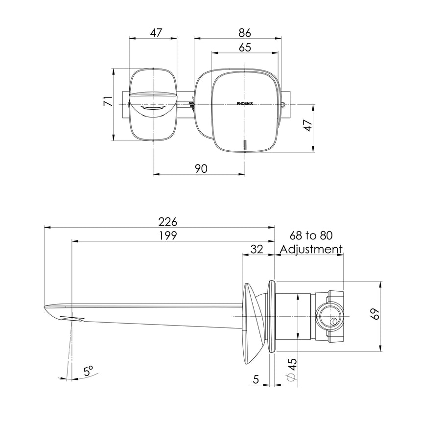 Phoenix Nuage Wall Basin / Bath Mixer Set 200mm Brushed Nickel, technical line drawing with dimensions