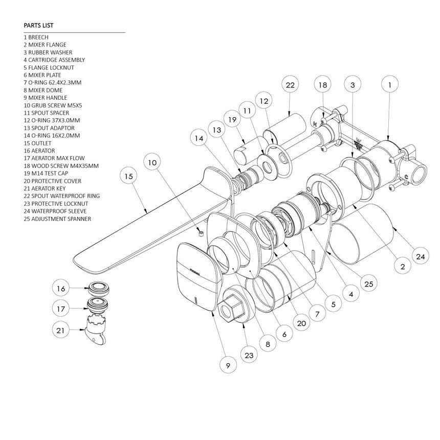 Phoenix Nuage Wall Basin / Bath Mixer Set 200mm Brushed Nickel, technical line drawing with dimensions