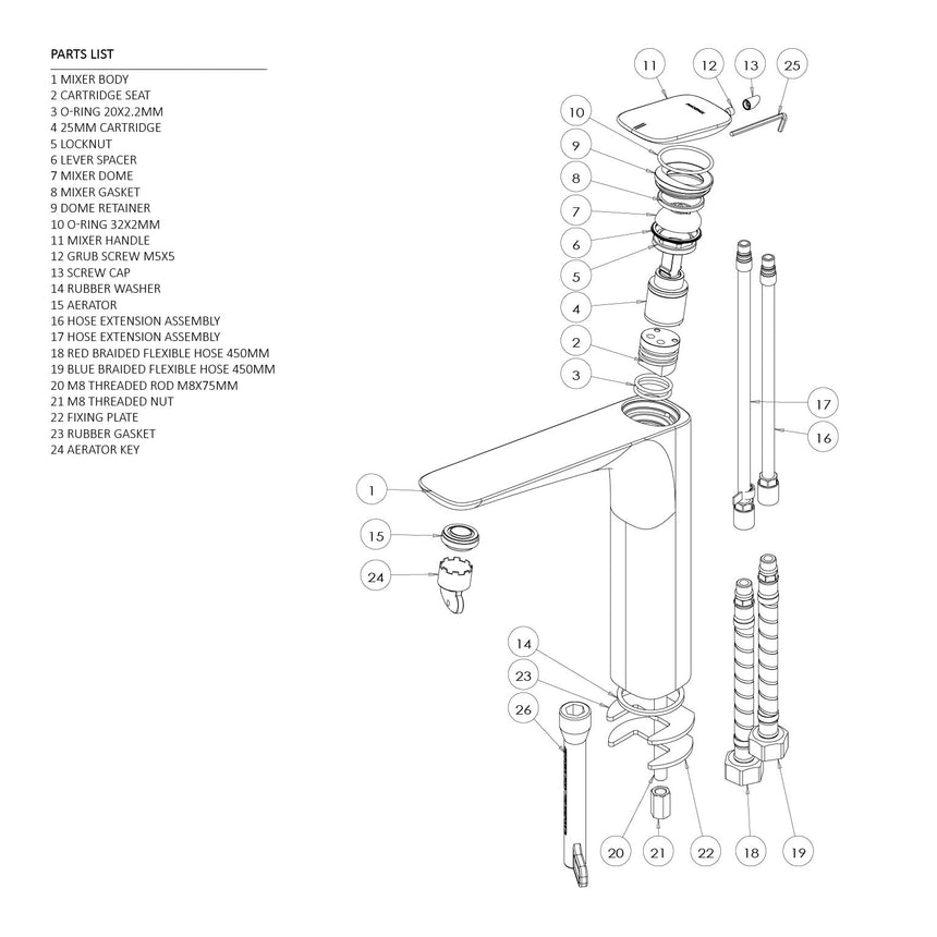 Phoenix Nuage Vessel Mixer Chrome, technical line drawing with dimensions