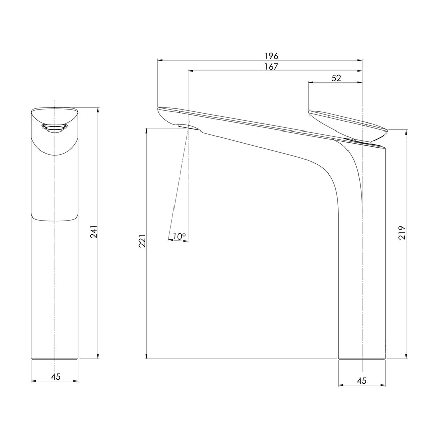 Phoenix Nuage Vessel Mixer Brushed Carbon, technical line drawing with dimensions