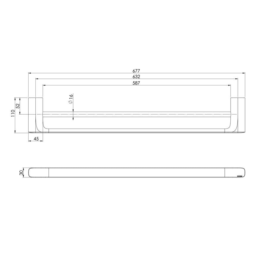 Phoenix Nuage Double Towel Rail 600mm Chrome, technical line drawing with dimensions