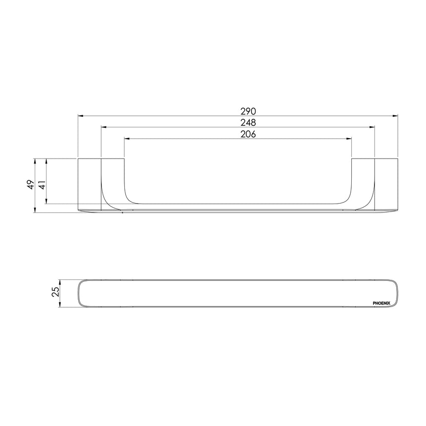 Phoenix Nuage Hand Towel Rail Brushed Carbon, technical line drawing with dimensions