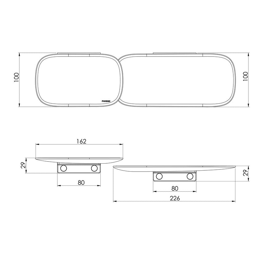 Phoenix Nuage Shower Shelves Matte White, technical line drawing with dimensions