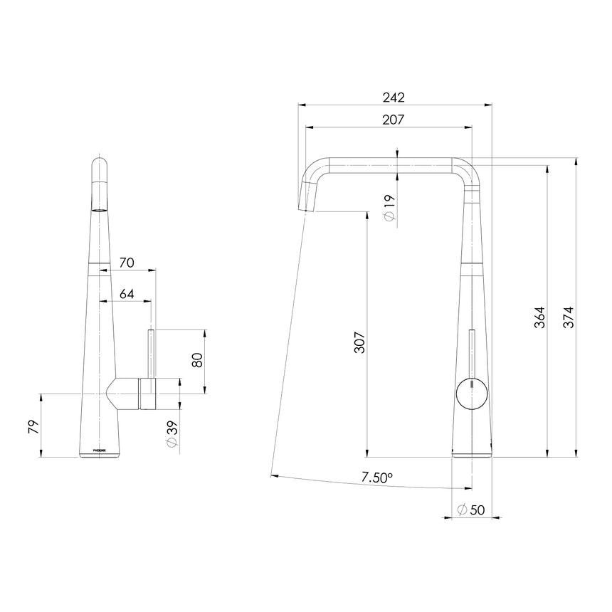 Phoenix Erlen Sink Mixer 210mm Squareline Brushed Nickel, technical line drawing with dimensions