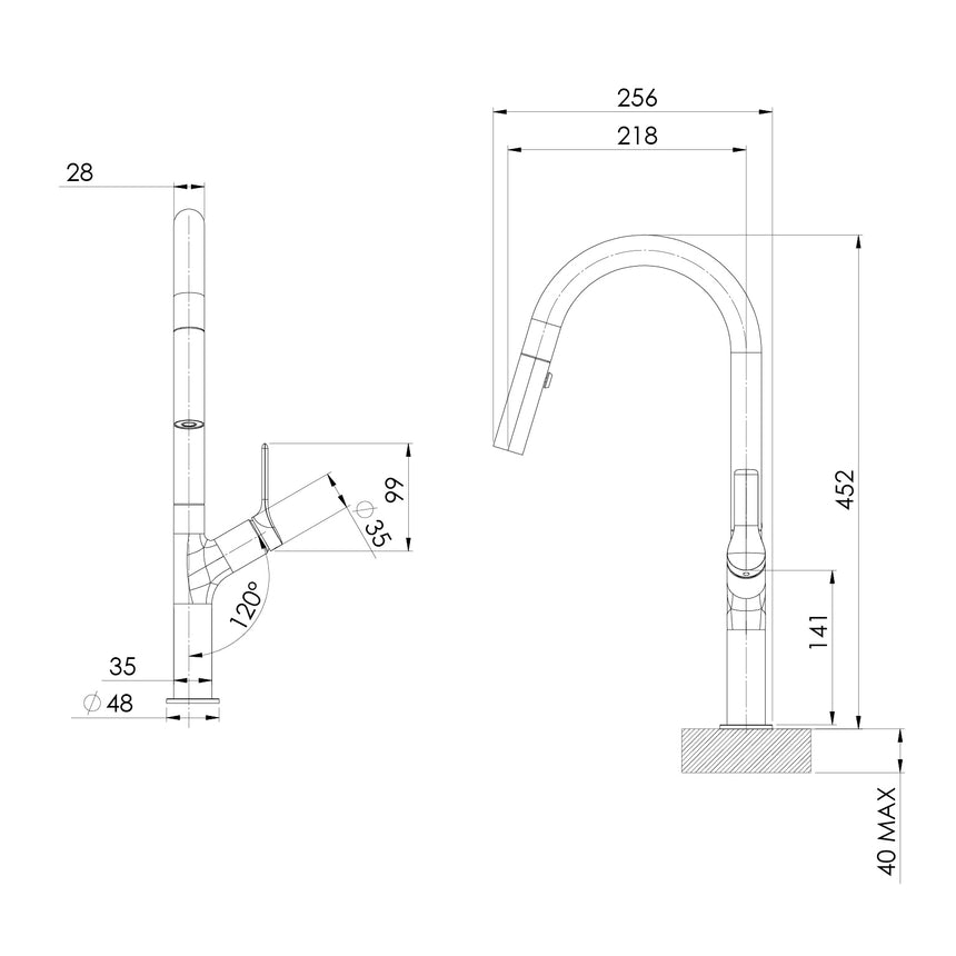 Phoenix Linq Pull Out Sink Mixer 316 SS 220mm Stainless Steel, technical line drawing with dimensions