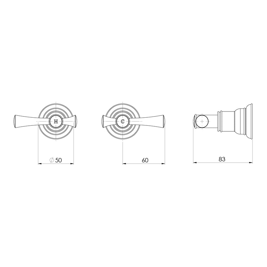 Phoenix Cromford Wall Top Assemblies 15mm Extended Spindles Brushed Nickel, technical line drawing with dimensions