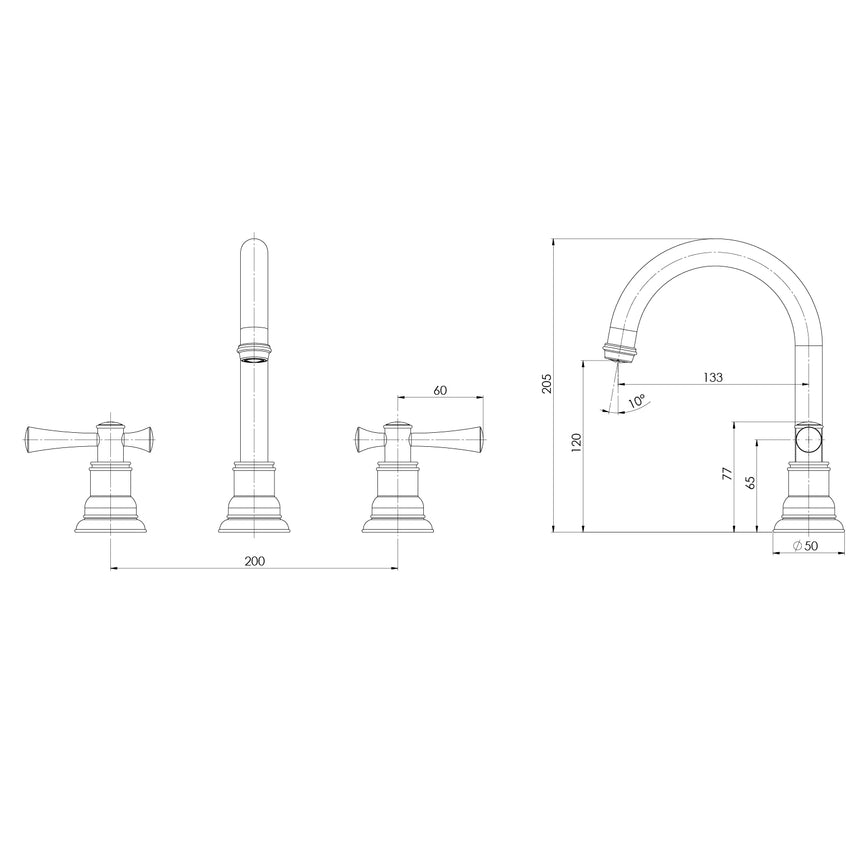 Phoenix Cromford Basin Set Brushed Gold, technical line drawing with dimensions